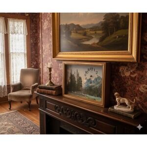 Vintage Elgin Mountain Landscape Wall Clock Takane Quartz Movement Wood Frame